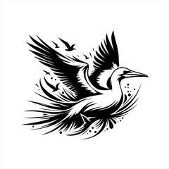 Fototapeta premium Stylized black and white bird in flight with smaller birds
