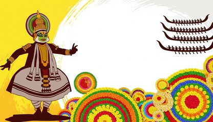 Onam Collage: Kathakali Silhouette, Snake Boat, Pookalam – Creative Social Media Banner