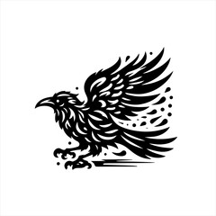 Fototapeta premium Stylized black raven with flowing feathers and droplets
