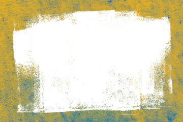 Abstract blue and yellow grunge background with weathered rough plaster. Trace of a paint roller with transparent background overlay. PNG