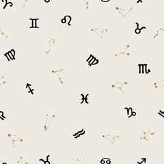 Seamless vector zodiac pattern with astrology symbols and constellations. Minimal and elegant celestial design perfect for spiritual, cosmic