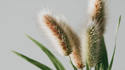 Obraz premium Soft, fluffy grass plumes with green leaves against a muted grey background