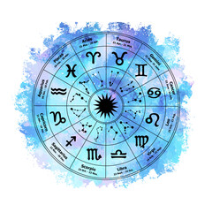 Circle with signs of zodiac on watercolor background. Vector illustration.