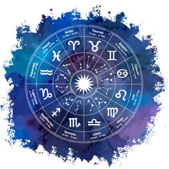 Circle with signs of zodiac on watercolor background. Vector illustration.