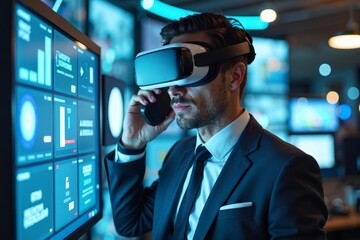 A businessman wearing a sleek suit and tie uses virtual reality technology in futuristic office setting with holographic technology