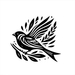 Fototapeta premium Stylized black bird perched on a branch with abstract leaves and feathers