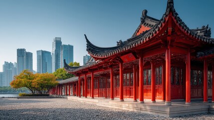 Fototapeta premium Ming-style pavilion contrasts with modern skyline in Suzhou gardens