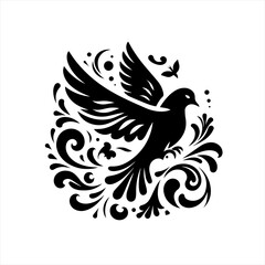 Fototapeta premium Stylized black bird with decorative swirls and butterfly