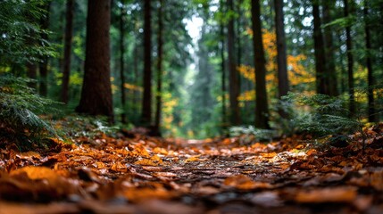 Forest path covered with fallen autumn leaves.