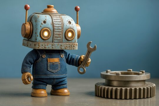 Robot mechanic holding a wrench near gears in a workshop setting
