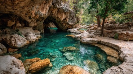 Crystal-clear pool nestled beneath a cave