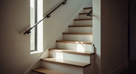 Staircase with wooden treads and white risers, lit by sunlight through a window