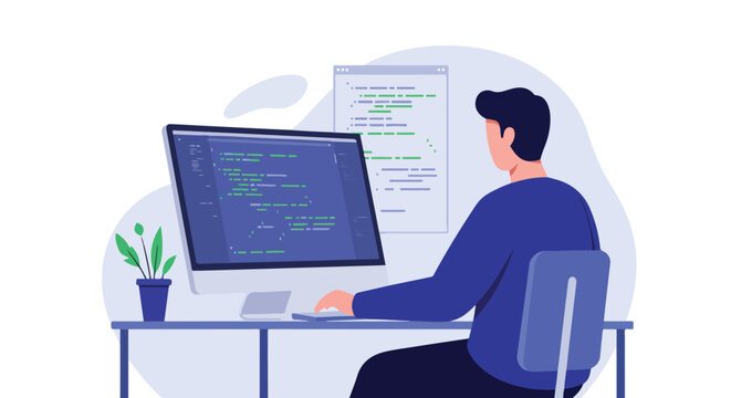 An individual coding on a monitor with plant and software