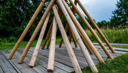 Wooden poles forming a structure on a wooden platform