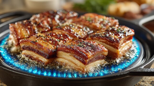Sizzling pork belly slices browning on an induction cooktop in bright kitchen light