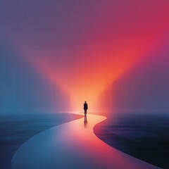 Fototapeta premium Vector-Style Neon Cityscape with Abstract Y-Intersection and Lone Human Representing Life Choices