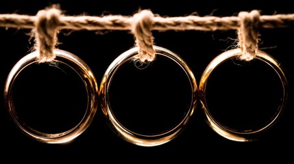 Three metallic wedding bands on rope, glowing with romance in the shadows