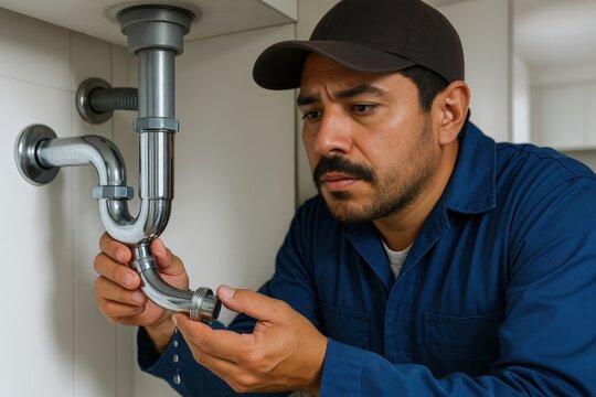 Plumber fixing leaking pipe under sink in residential kitchen