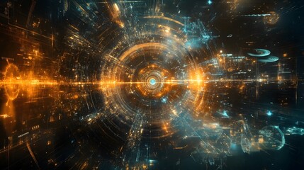 Obraz premium Captivating digital artwork showcasing a dimensional portal wormhole or vortex like structure leading to a vibrant luminous and cosmic universe filled with energy particles and surreal elements