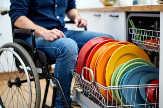 Wheelchair User Organizing Vibrant Plates in Kitchen Dishwasher