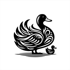 Obraz premium Elegant black silhouette of a mother duck and duckling with tribal feather design