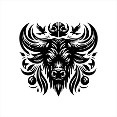 Obraz premium Intricate black and white buffalo head emblem with eagles and ornate details