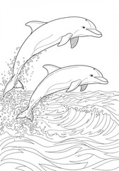 Obraz premium Graceful Dolphins Jumping from Rough Sea Waters - Dynamic Marine Animal Illustration for Coloring