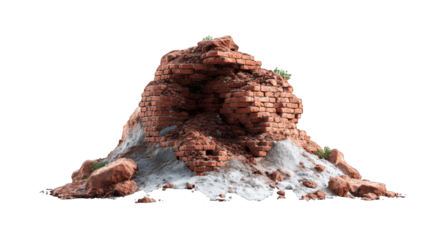 Crumbling brick structure, moss, and possible snow, isolated on black