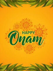 Happy Onam Greeting Card Design &ndash; Mandala Flowers & Mango Leaf Border in Saffron‑Green‑Gold Palette