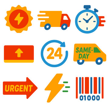Express Shipping Icons. Flat vector icons of express and priority shipping: express badge, fast truck icon, stopwatch delivery,