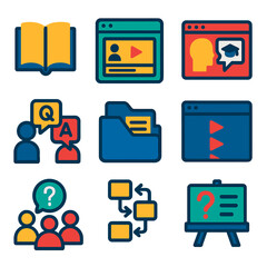 Team Knowledge Icons. Flat vector icons of team knowledge sharing: shared book, training module icon, online tutorial window,