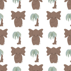 Fototapeta premium cute hand drawn funny seamless vector pattern background illustration with cartoon character elephants and tropical exotic palm tree