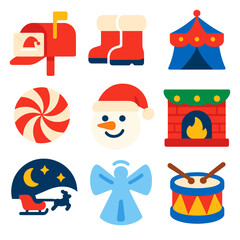Festive Christmas Icons. Flat vector icons of Christmas holiday: mailbox with Santa letter, winter boots with fur, Christmas fair