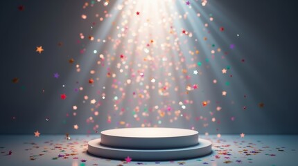 Spotlight on podium with falling colorful stars, festive stage background with glowing bokeh