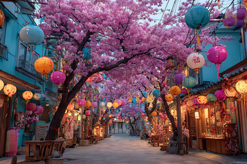 Naklejka premium Beautiful sakura cherry blossom street with colorful lanterns in asia travel destination for tourism and vacation
