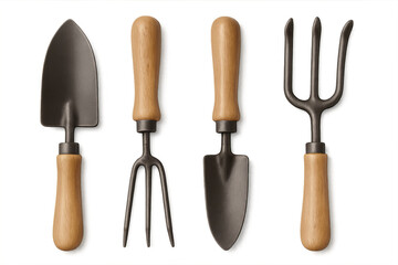 Fototapeta premium Gardening tools set with wooden handles on transparent background