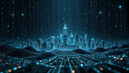 s a futuristic city at night with a blue sky and mountains in the background. The city is illuminated by the lights of the buildings and the stars twinkling in the night sky. The image is animated
