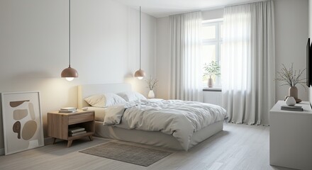 Fototapeta premium Bright, Serene Minimalist Bedroom with Warm Pendant Lights, White Bedding, and Natural Wood Accents