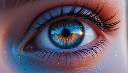 s a close up of a person's blue eye with long eyelashes. The eye is animated