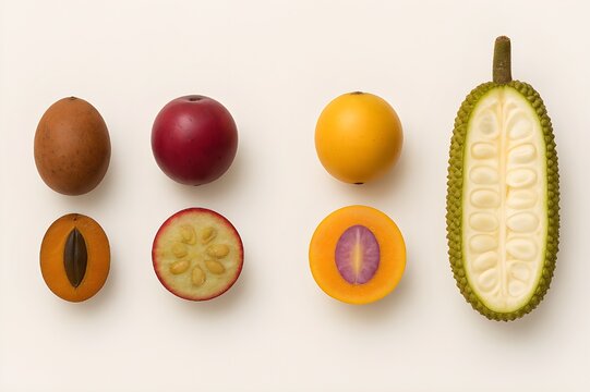 Rare Indonesian Tropical Fruits Collection (Sawo Kecik, Rukam, Gandaria, Young Cempedak) in Whole and Cross-Section Views_2