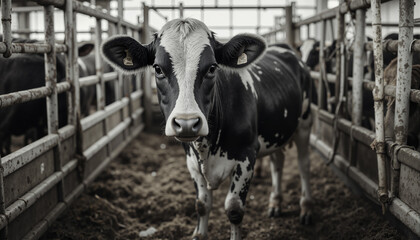 s a black and white cow standing in a pen surrounded by a fence