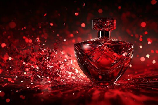 A luxurious perfume bottle with red glitter.