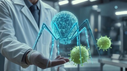 Scientist displaying a 3D model of a virus