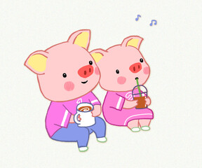 couple pig cartoon illustration . love moment for card , cute  mini wall art printable .