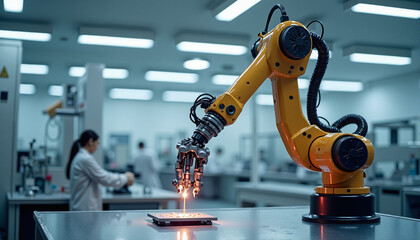 s a robotic arm working on a piece of metal in a factory
