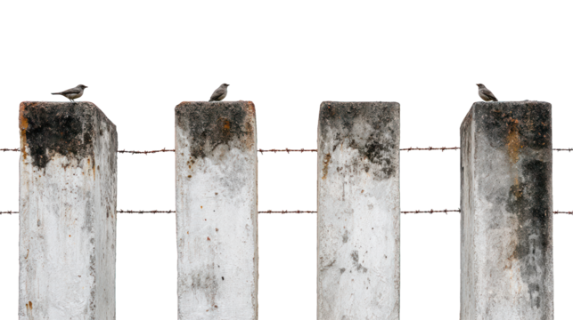 Four concrete posts with birds perched on them, connected by rusted wire