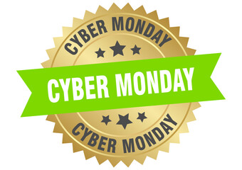 cyber monday. cyber monday round green and gold label isolated on transparent background