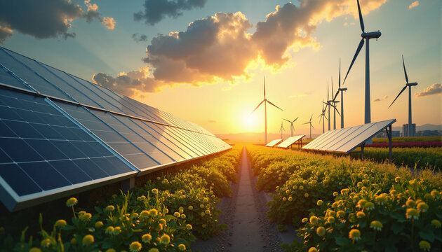 s a field of yellow flowers with solar panels and wind turbines in the background - Powered by Adobe