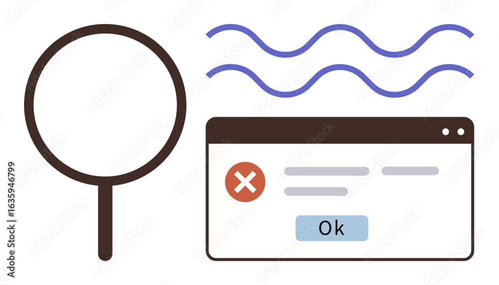 Wall mural magnifying glass next to browser error message with red cross and ok button, wavy lines above. ideal