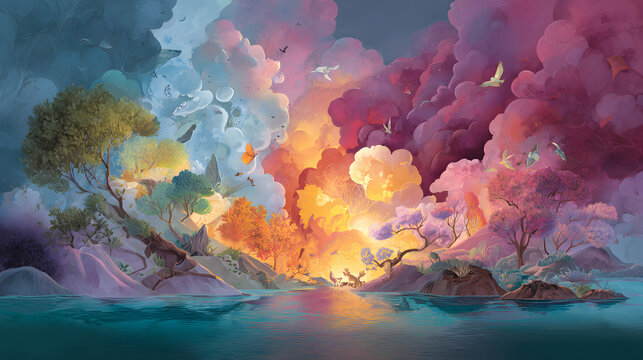 The creation story illustrated with vibrant images of the world being formed in seven days, each day a different scene. Aureole. Illustration